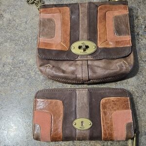 Fossil Brown,orange and Pink Leather and Suede Purse and Wallet Set